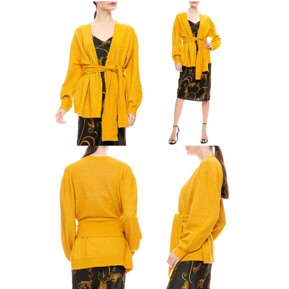 VERONICA BEARD Estella Cardigan Belted Yellow Sweater Baby Alpaca Blend Size M - Picture 2 of 14
